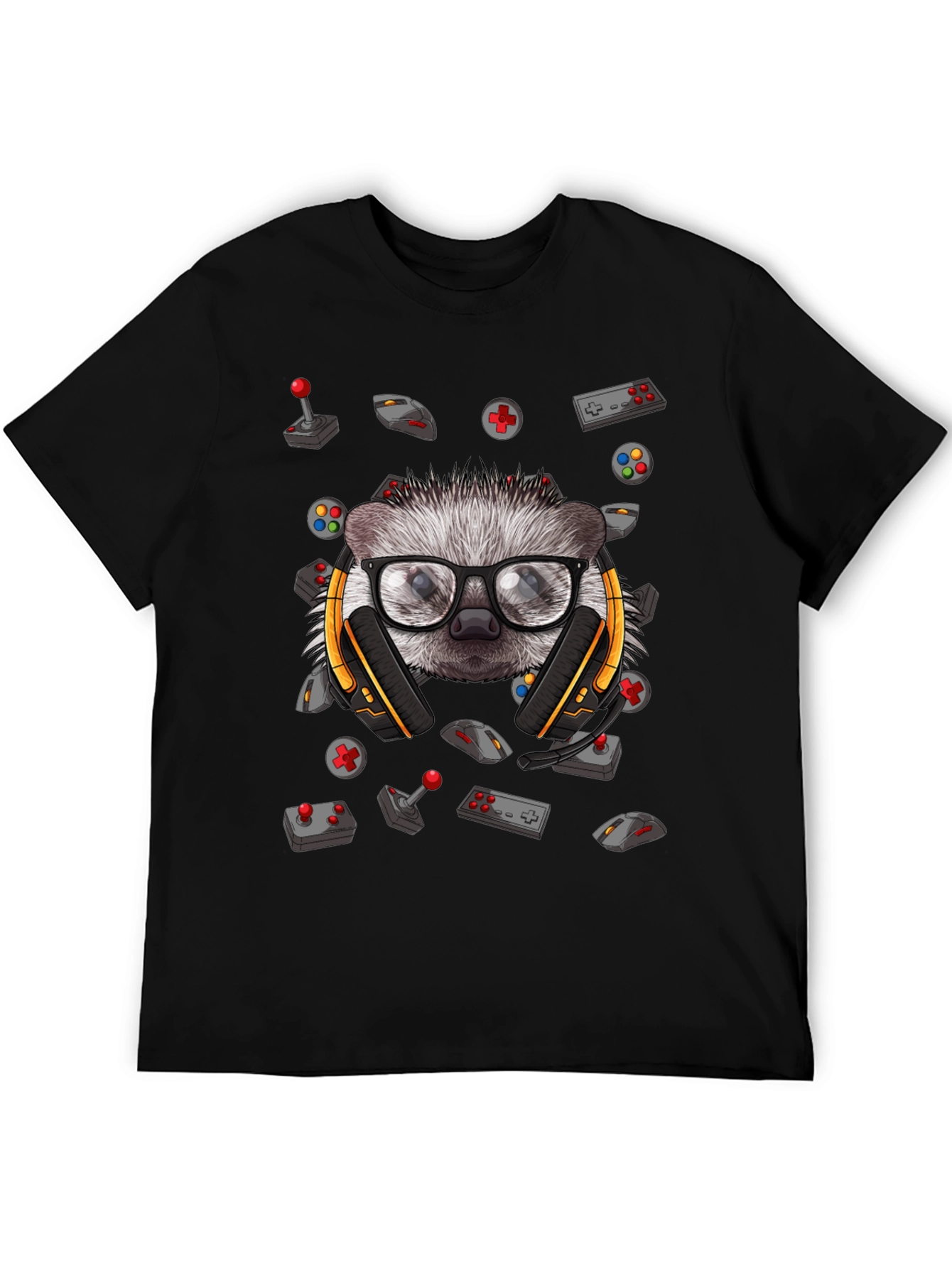 Gamer Hedgehog Graphic Tee - Black Cotton T-Shirt