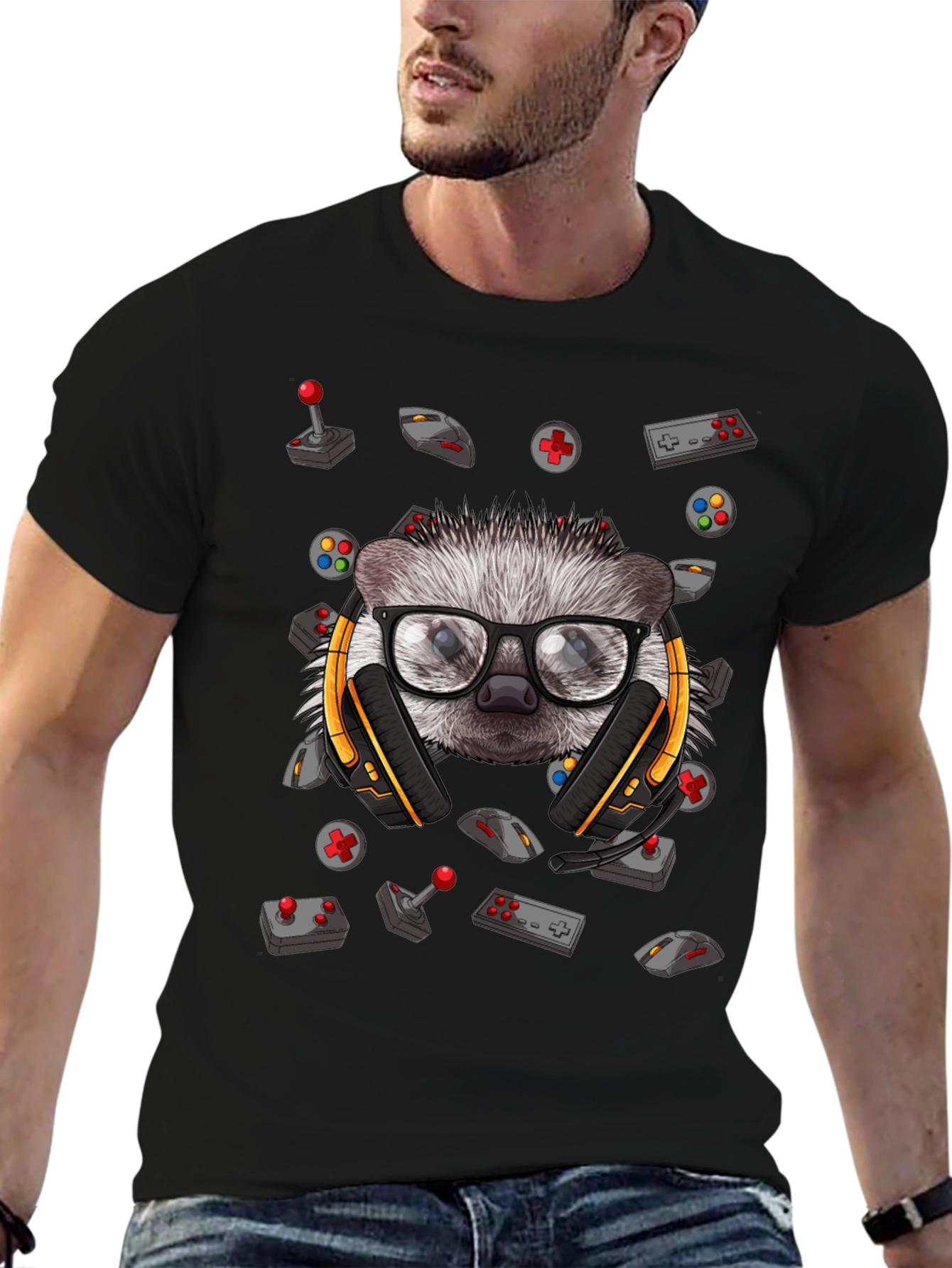 Gamer Hedgehog Graphic Tee - Black Cotton T-Shirt