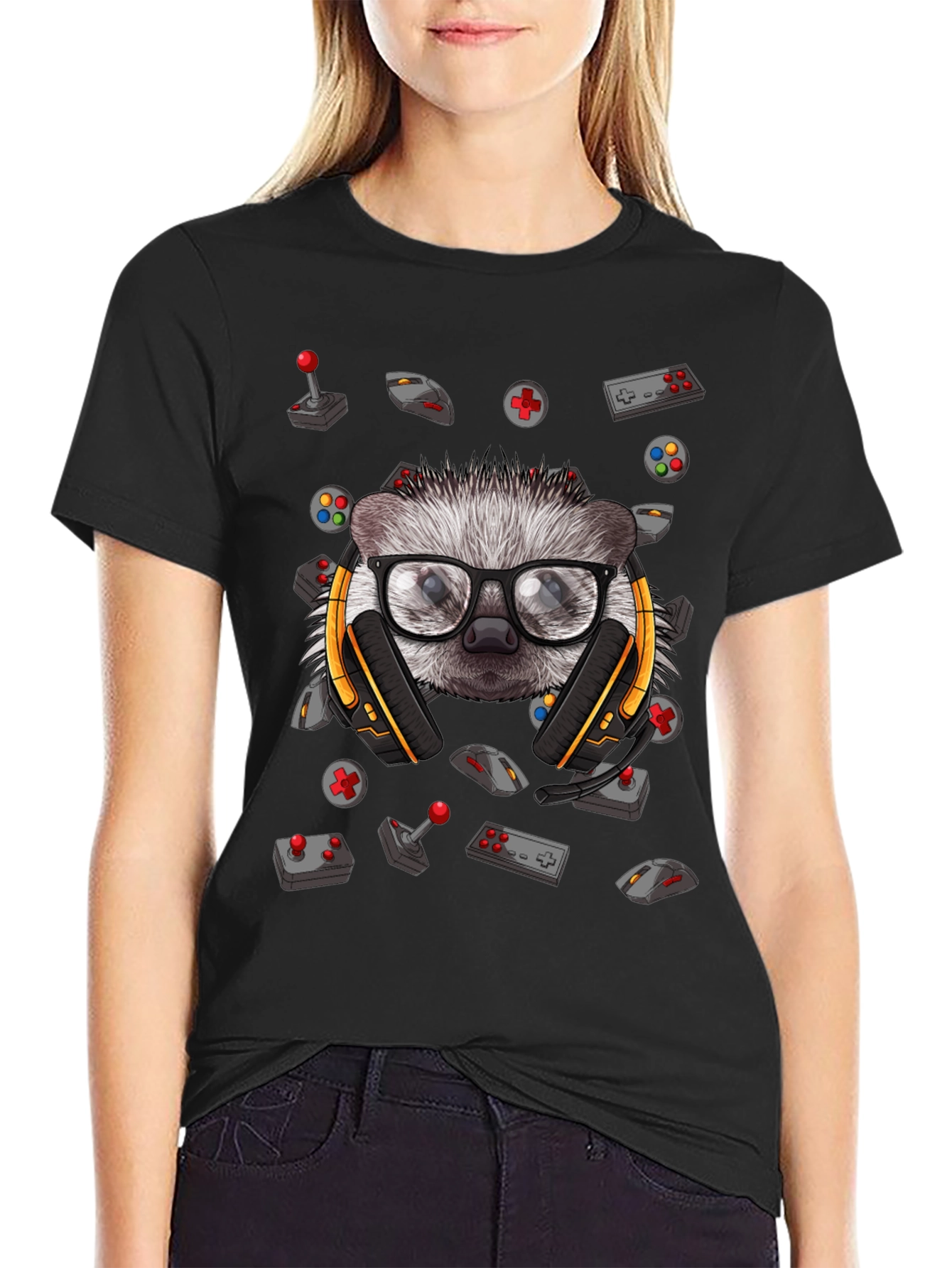 Gamer Hedgehog Graphic Tee - Black Cotton T-Shirt