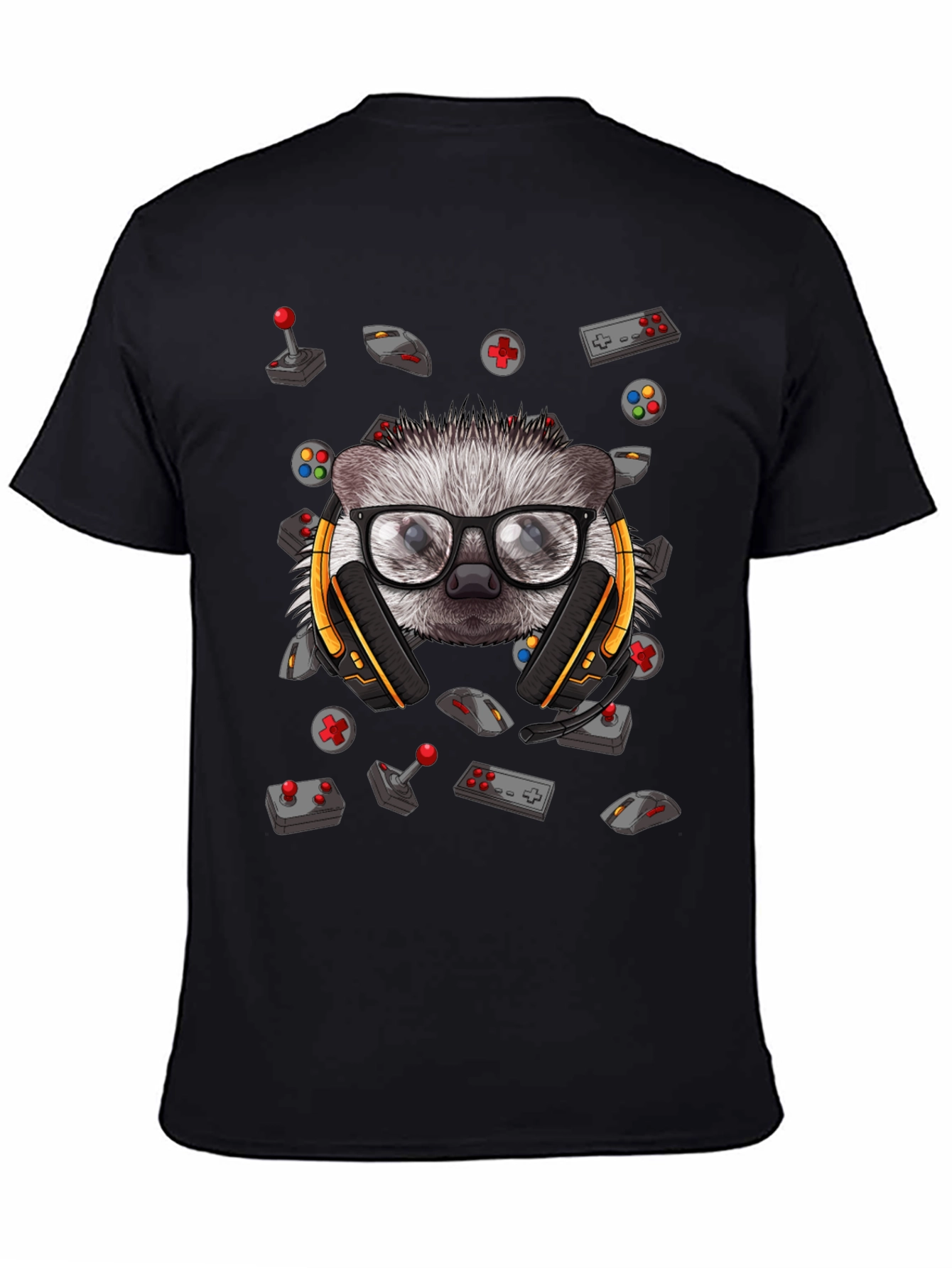 Gamer Hedgehog Graphic Tee - Black Cotton T-Shirt