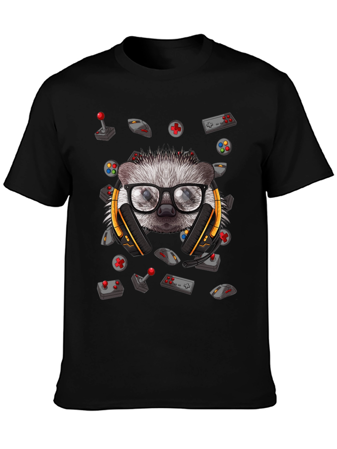 Gamer Hedgehog Graphic Tee - Black Cotton T-Shirt