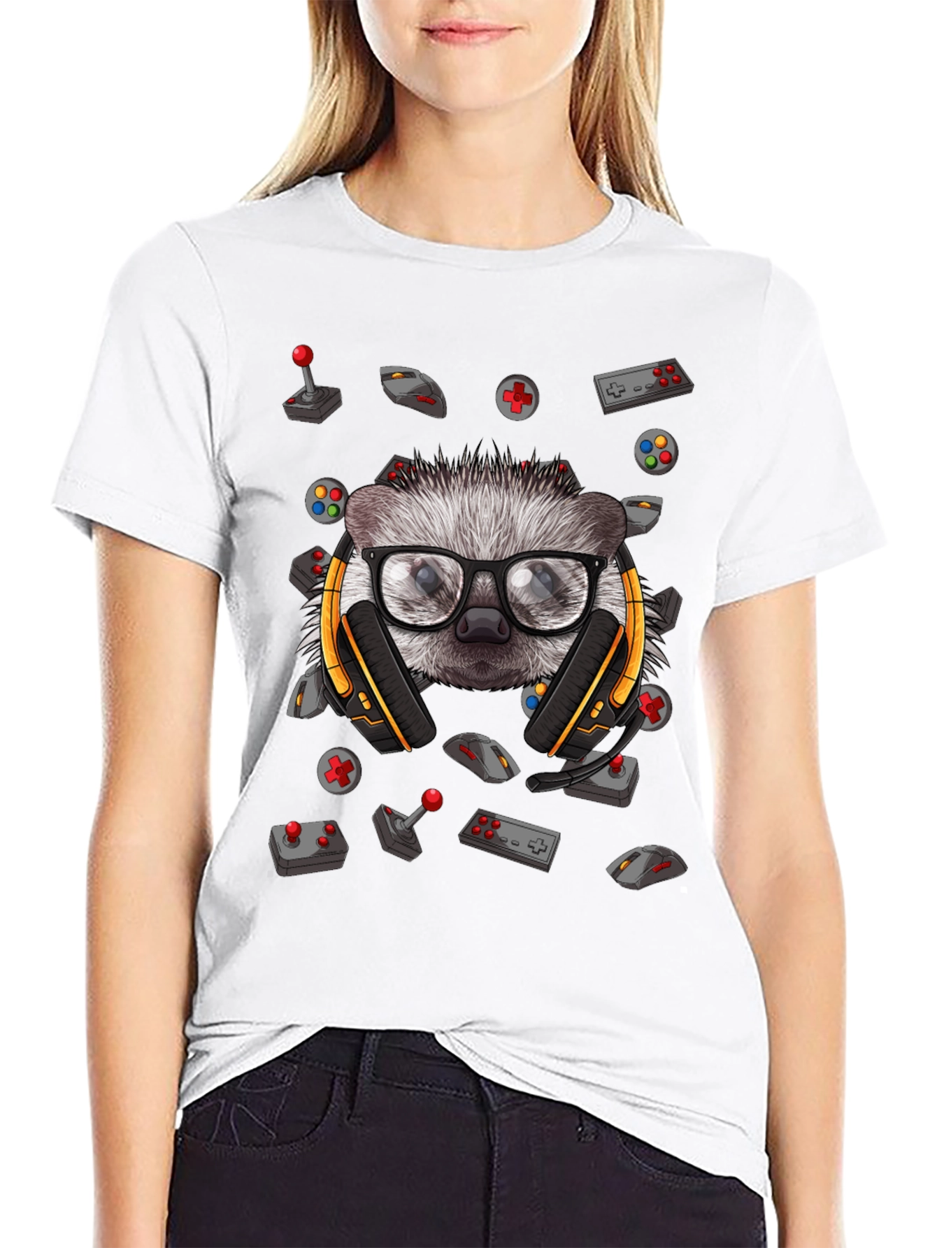 Gamer Hedgehog Graphic Tee - Black Cotton T-Shirt