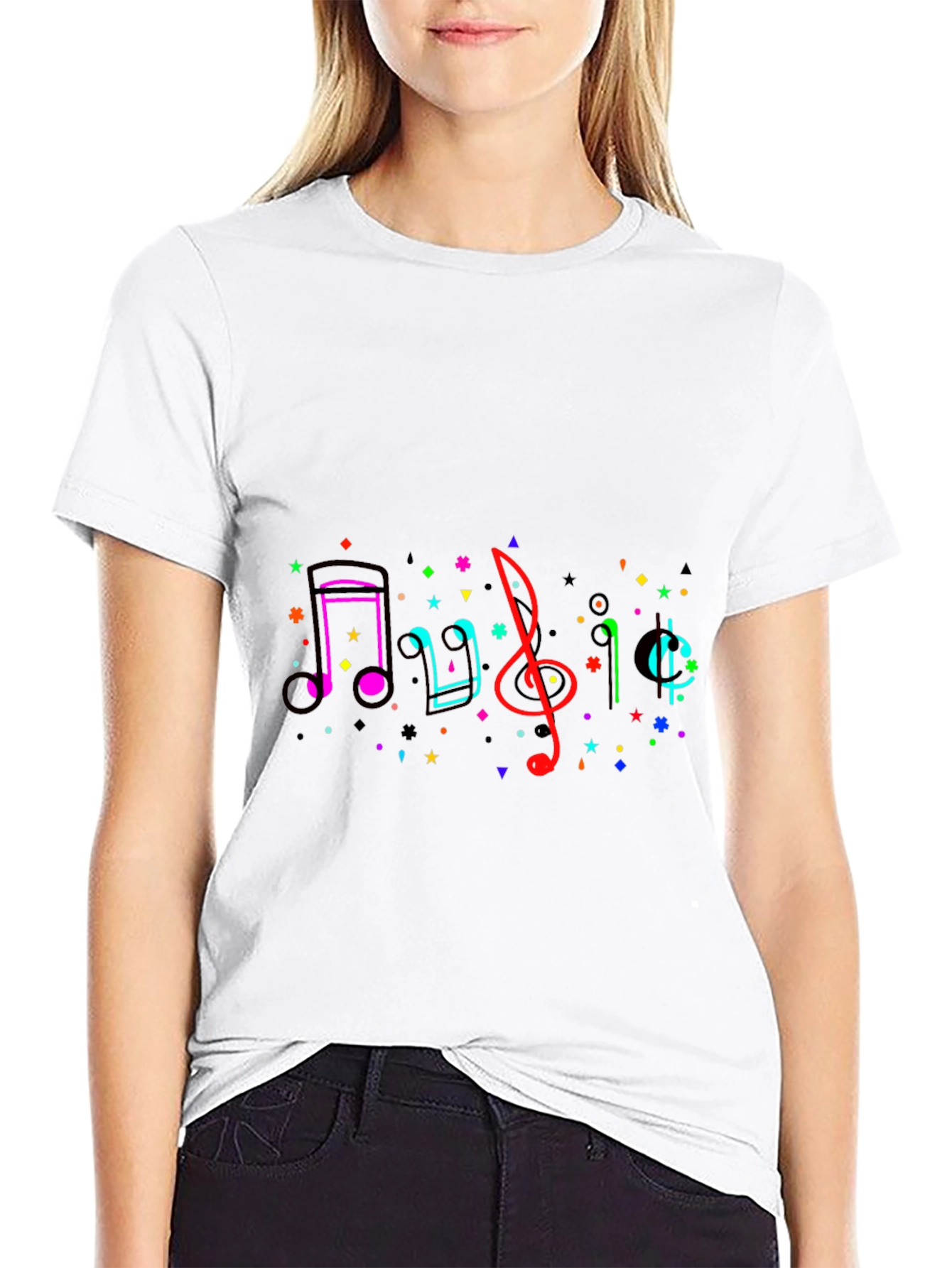 Music Notes Graphic Tee - Black Crew Neck