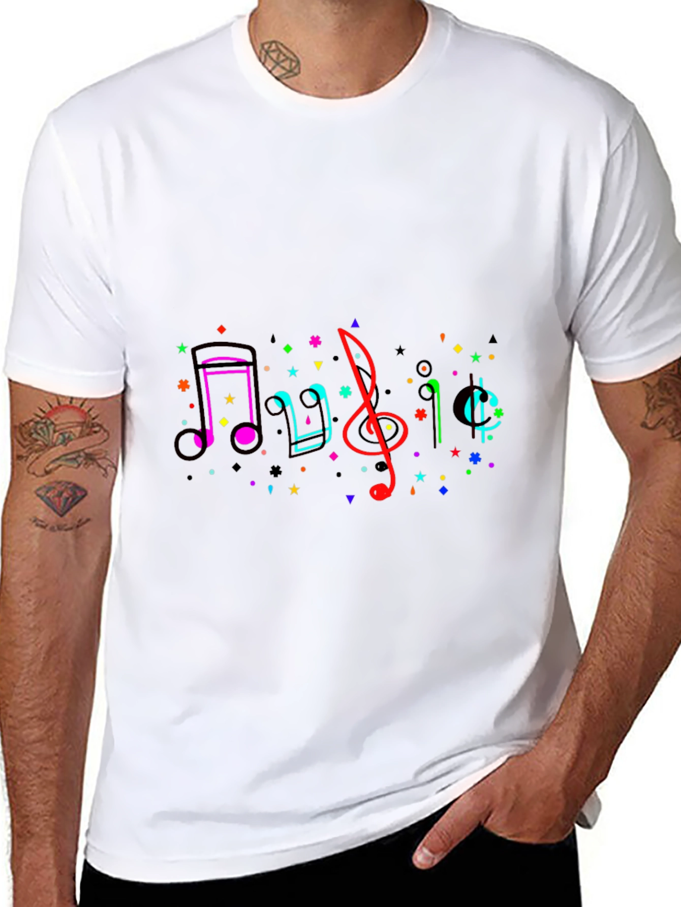 Music Notes Graphic Tee - Black Crew Neck