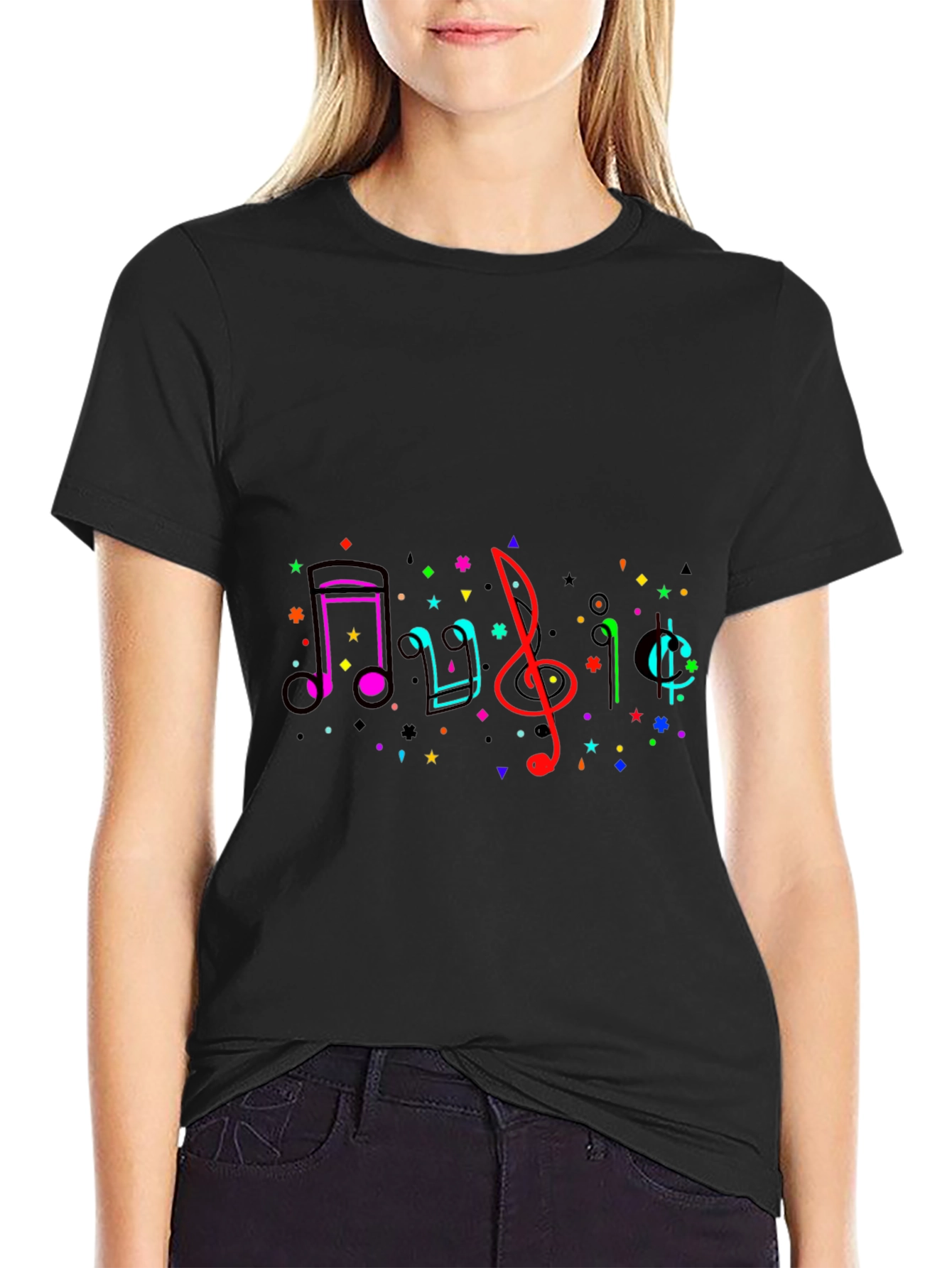 Music Notes Graphic Tee - Black Crew Neck