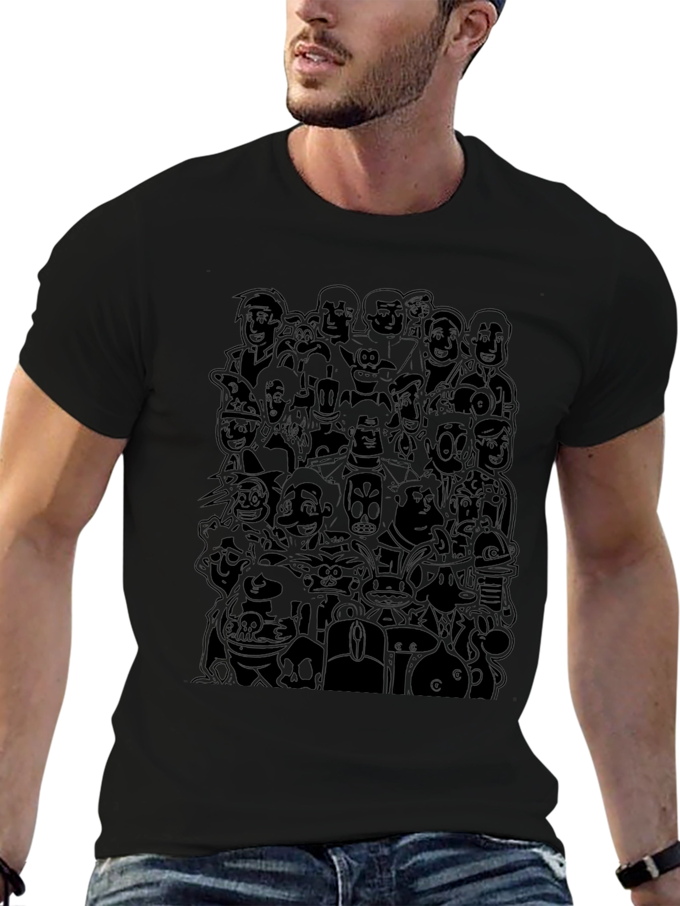 Retro Cartoon Character Print Black T-Shirt