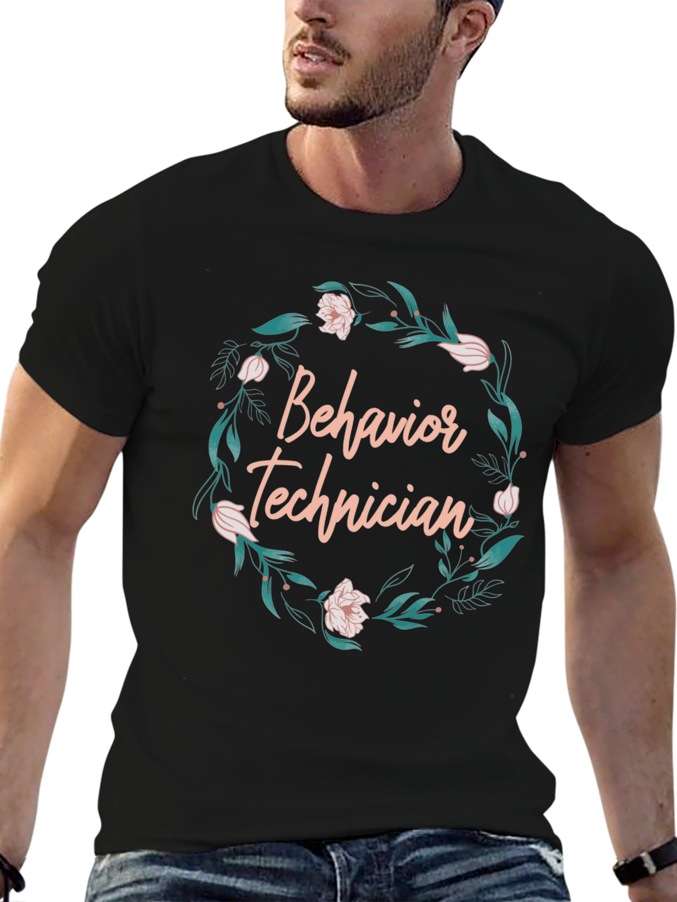 Behavior Technician Floral Wreath Black T-Shirt