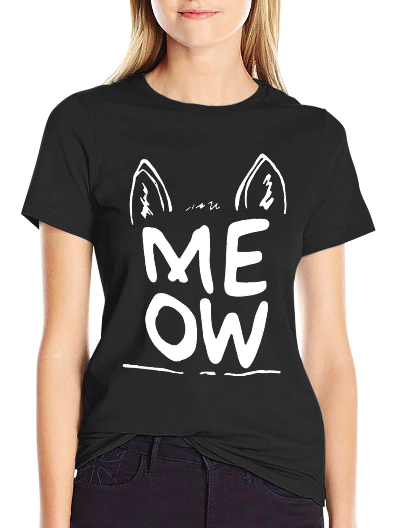 Meow Cat Ear Graphic Tee - Black Unisex T-Shirt
