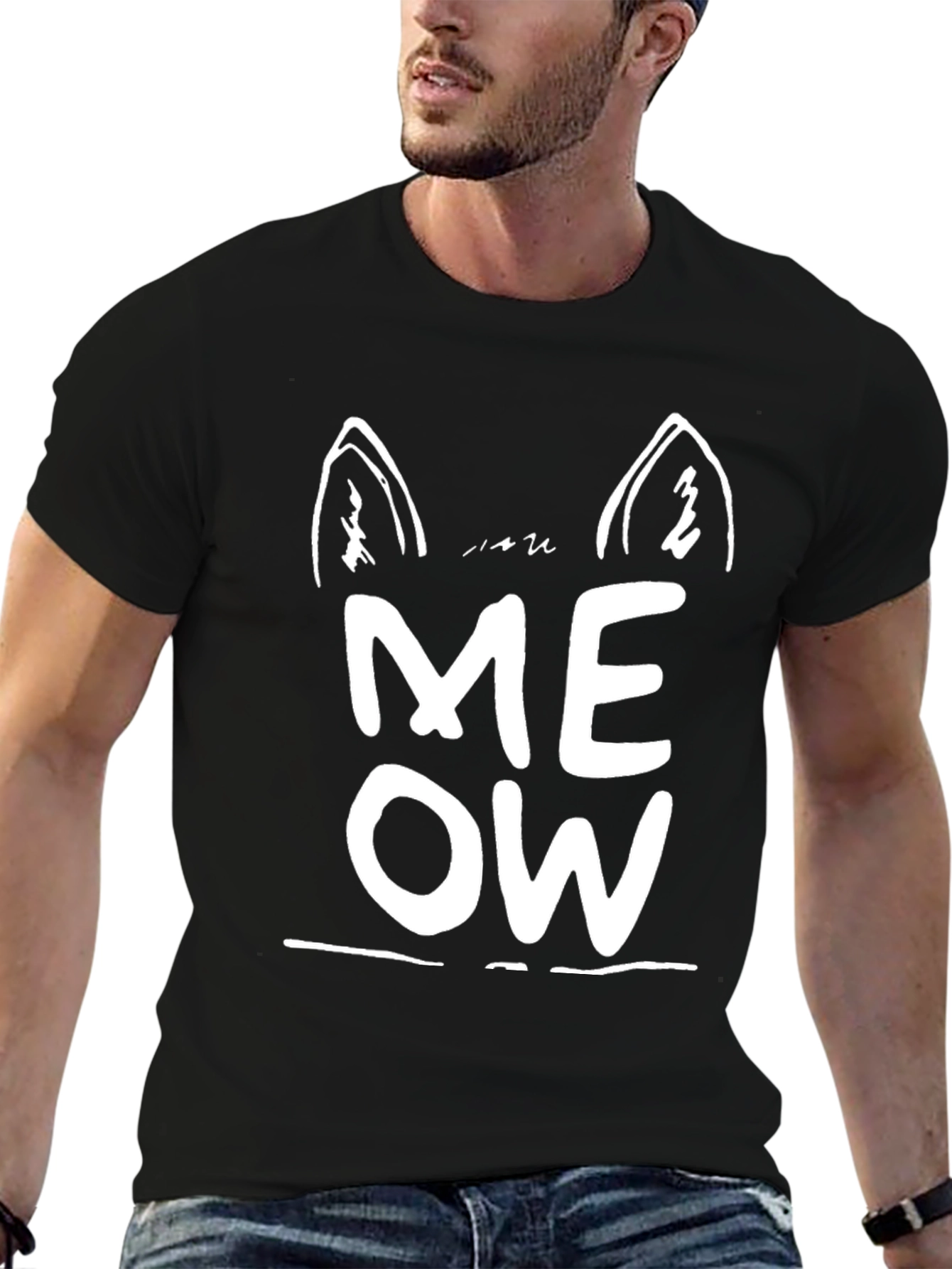 Meow Cat Ear Graphic Tee - Black Unisex T-Shirt