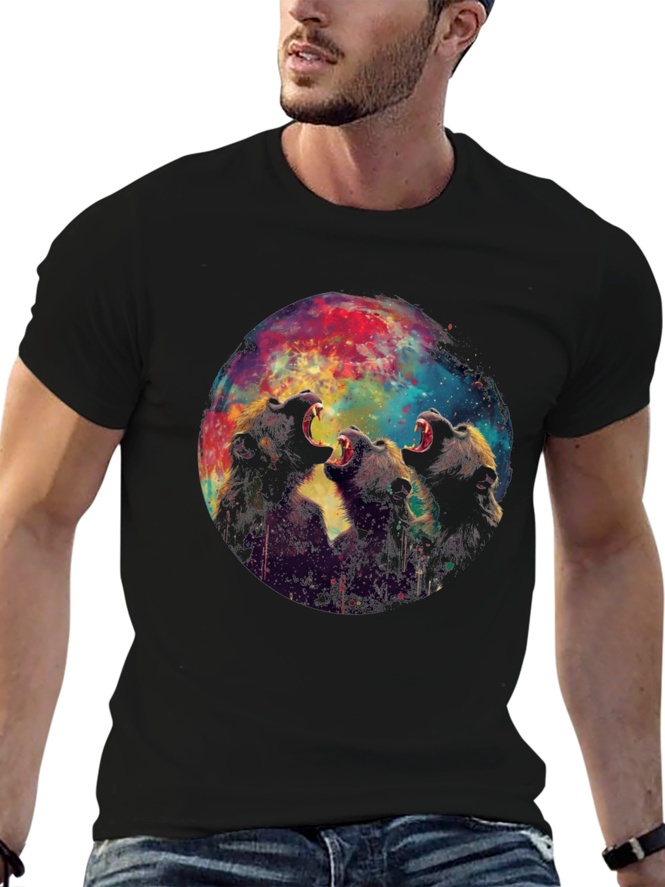 Roaring Bears Graphic Print Black T-Shirt