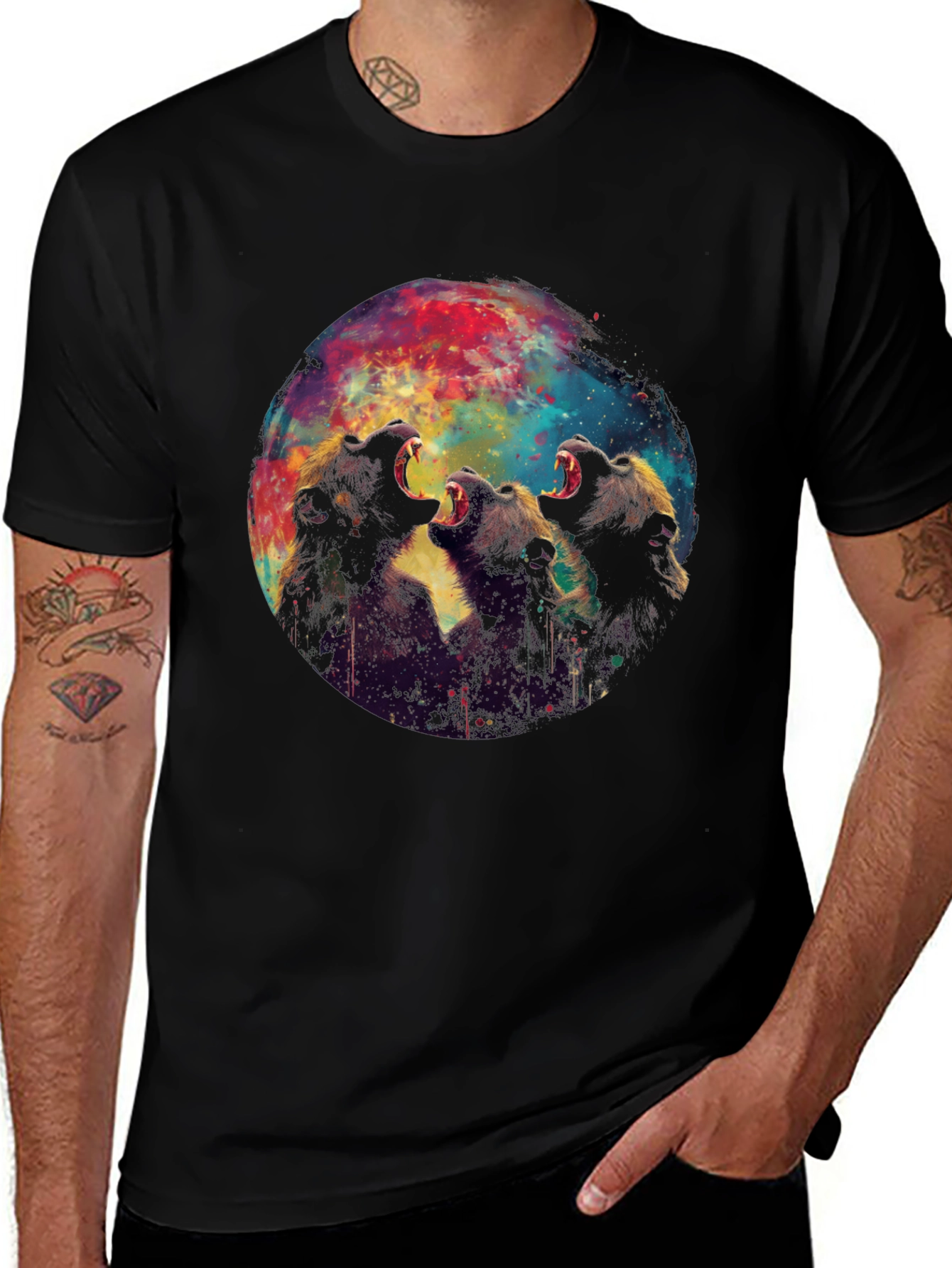 Roaring Bears Graphic Print Black T-Shirt