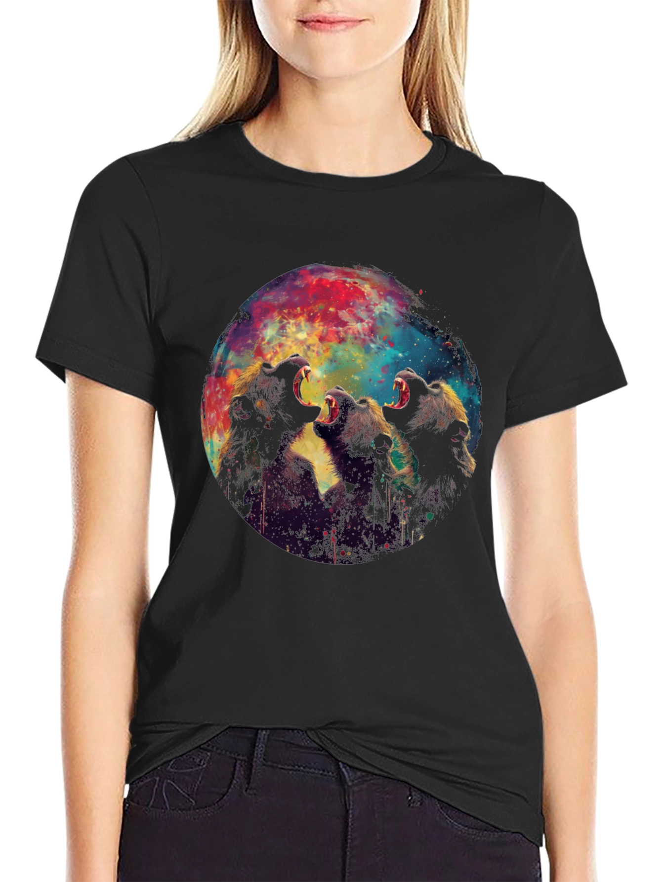 Roaring Bears Graphic Print Black T-Shirt
