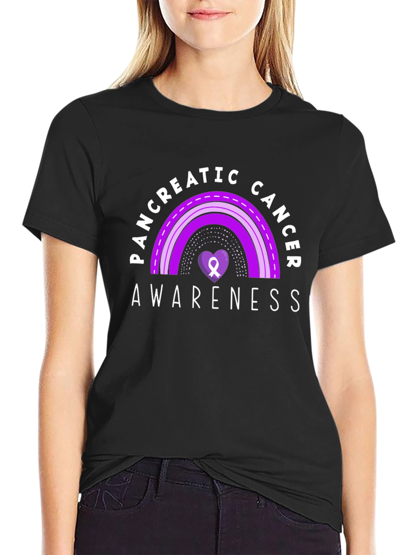Pancreatic Cancer Awareness Ribbon Heart Black T-Shirt