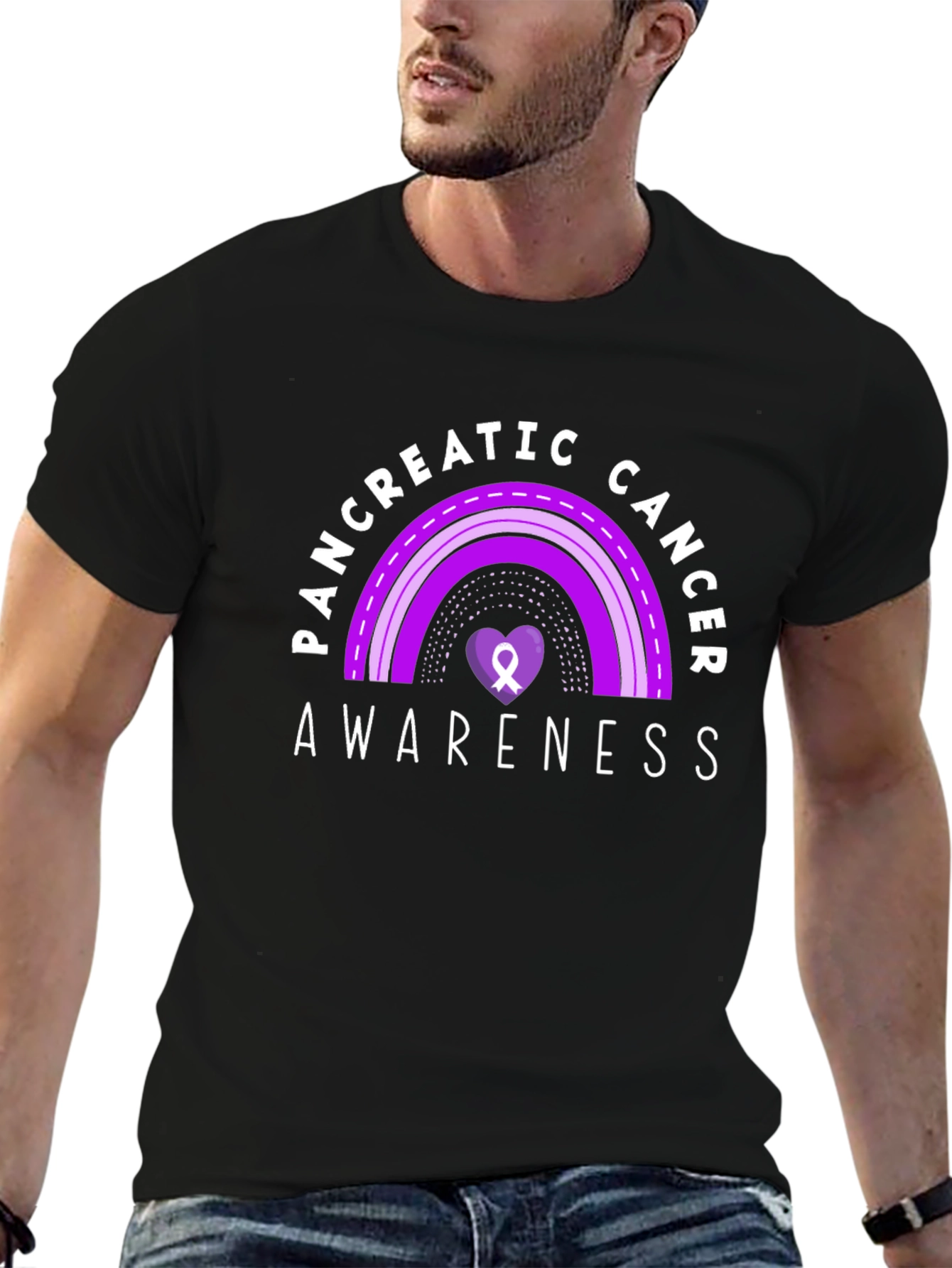 Pancreatic Cancer Awareness Ribbon Heart Black T-Shirt
