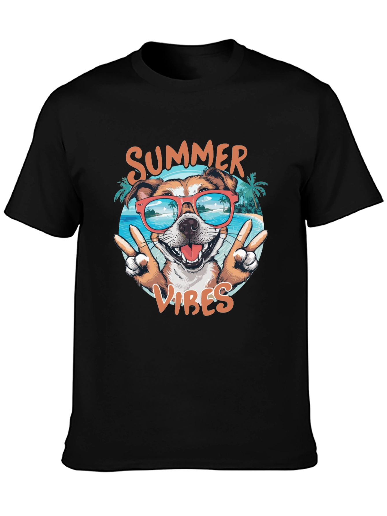 Summer Vibes Dog Graphic Tee - Casual Black T-Shirt