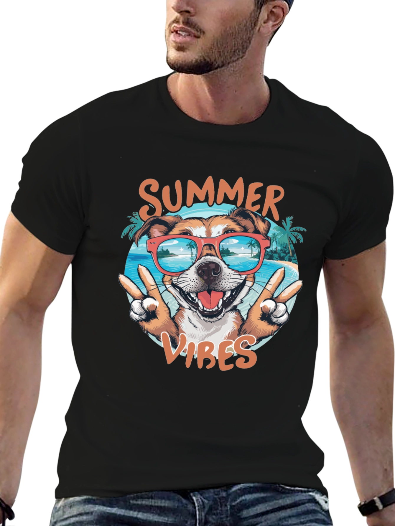 Summer Vibes Dog Graphic Tee - Casual Black T-Shirt