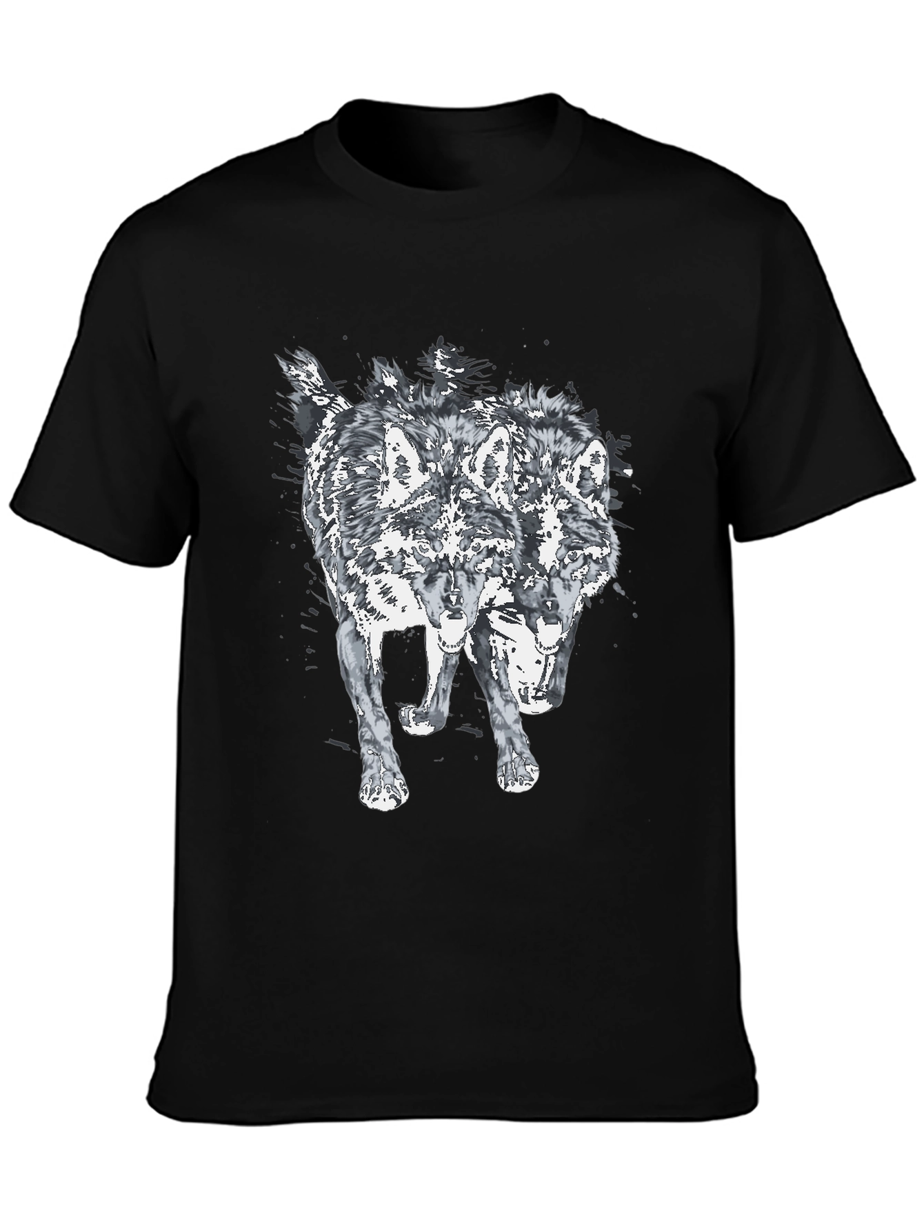 Two Headed Wolf Graphic Print Black T-Shirt