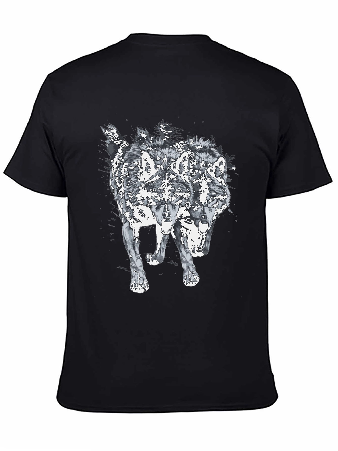 Two Headed Wolf Graphic Print Black T-Shirt