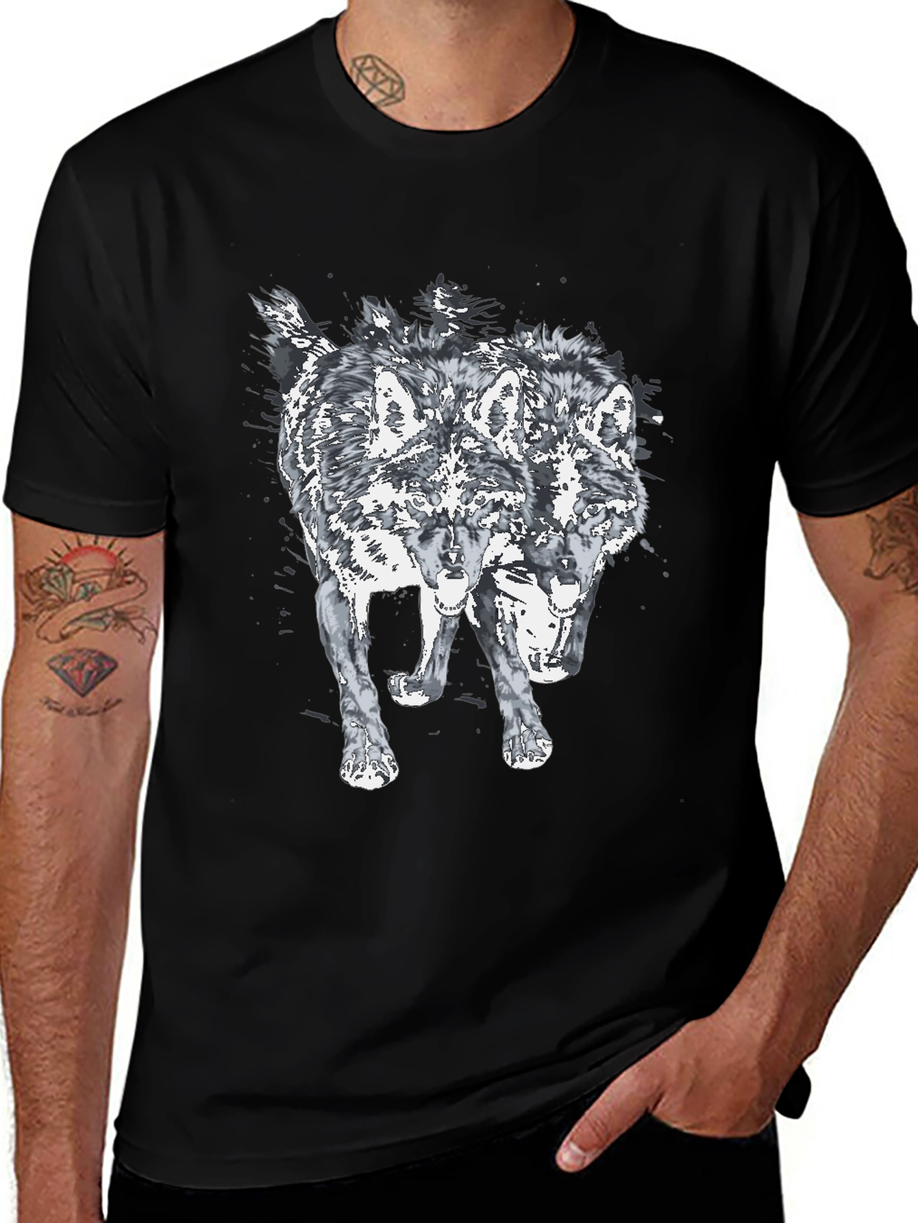 Two Headed Wolf Graphic Print Black T-Shirt