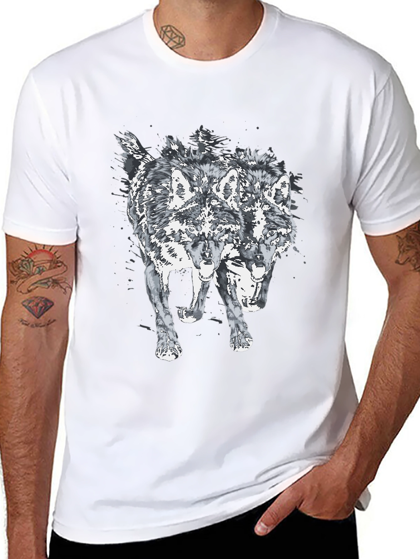 Two Headed Wolf Graphic Print Black T-Shirt
