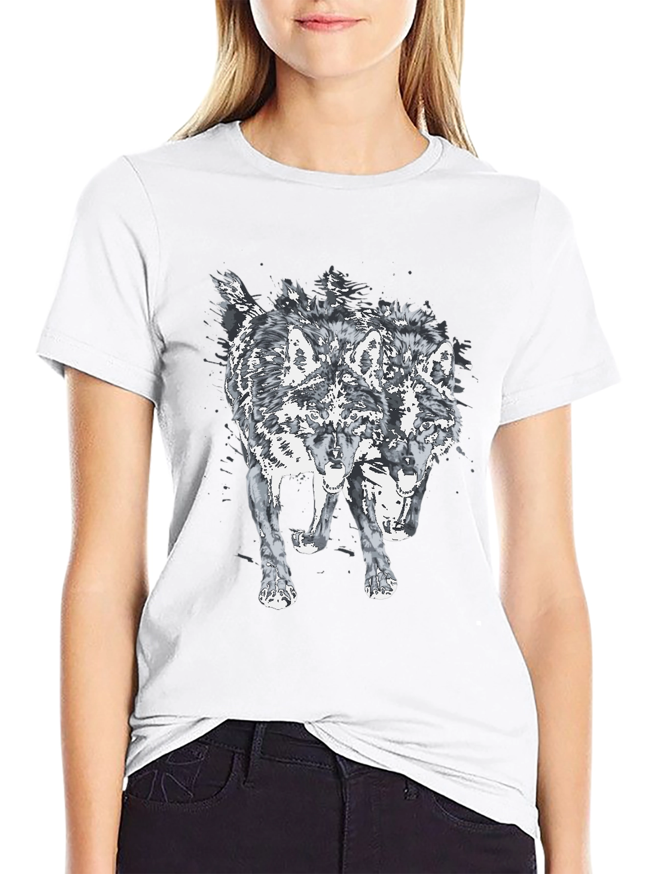 Two Headed Wolf Graphic Print Black T-Shirt