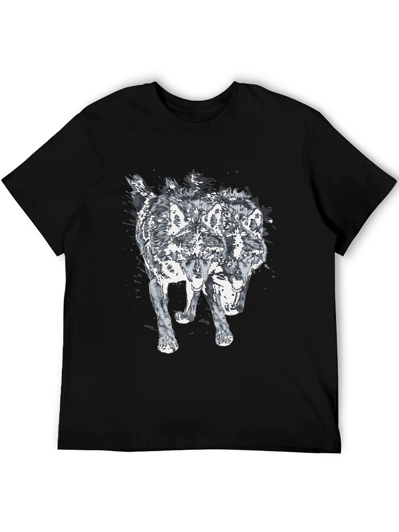 Two Headed Wolf Graphic Print Black T-Shirt