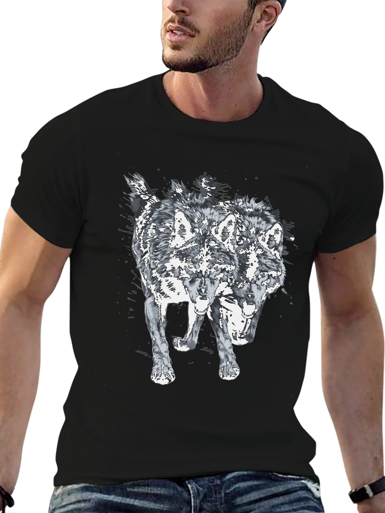 Two Headed Wolf Graphic Print Black T-Shirt