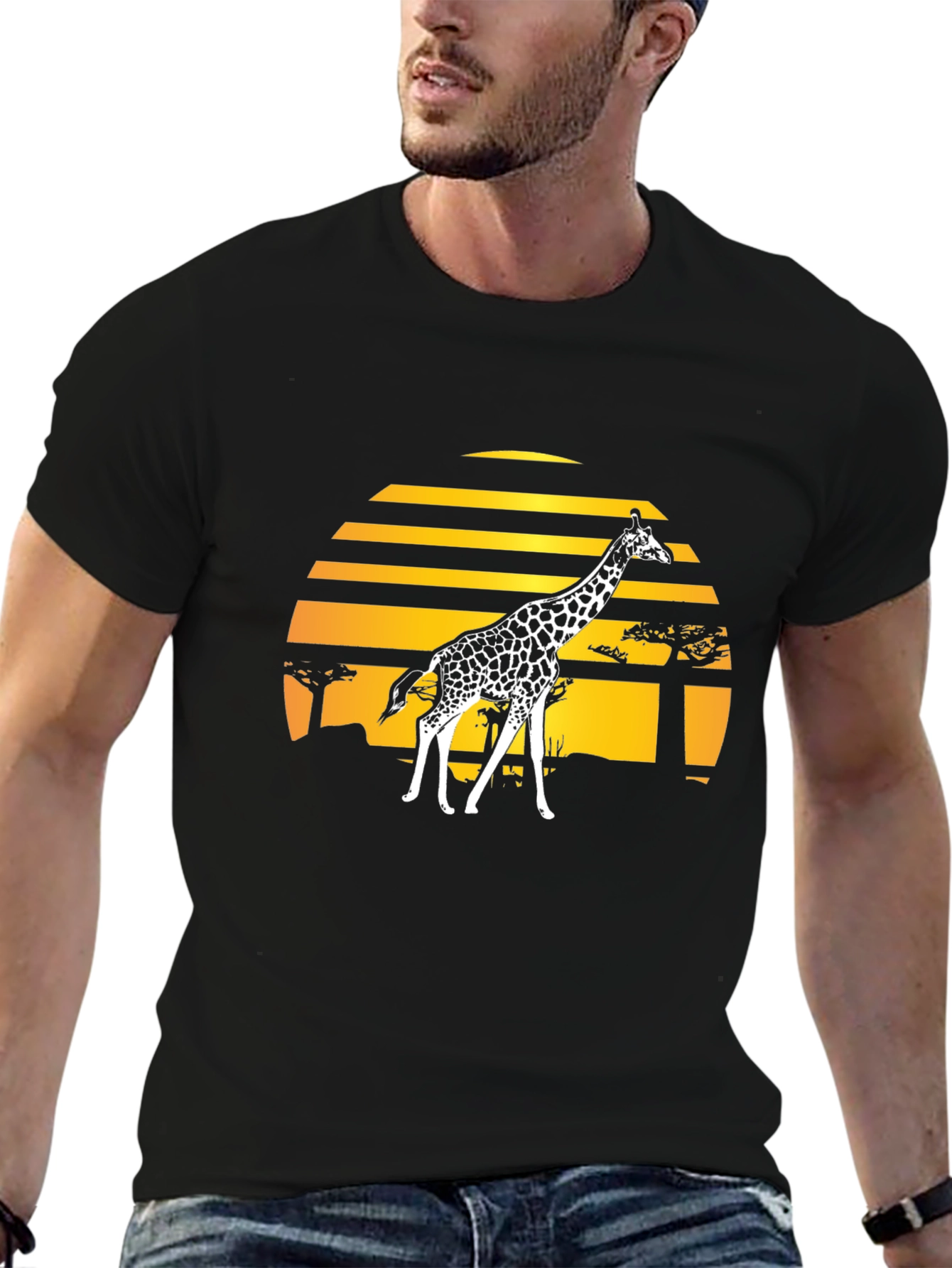 Giraffe Sunset Graphic Tee - Stylish Black T-Shirt