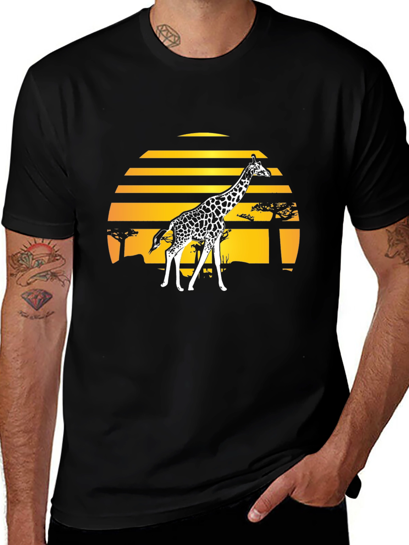 Giraffe Sunset Graphic Tee - Stylish Black T-Shirt