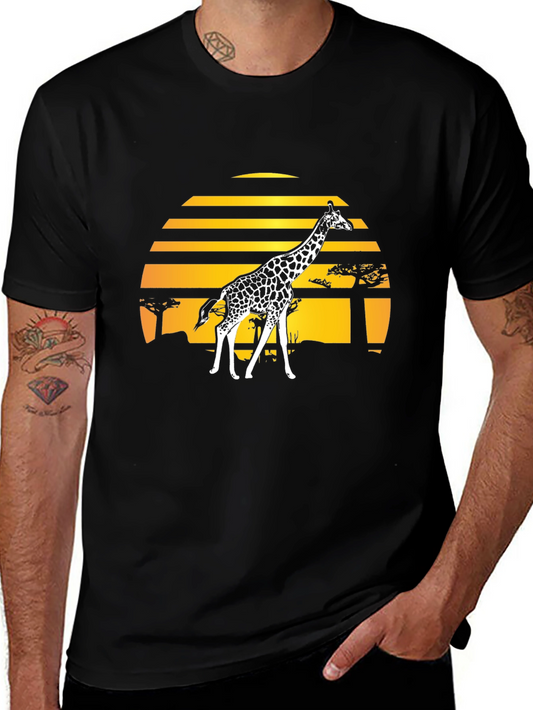 Giraffe Sunset Graphic Tee - Stylish Black T-Shirt