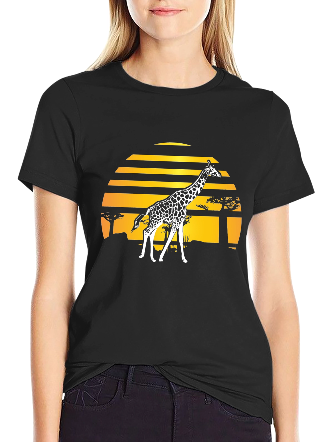 Giraffe Sunset Graphic Tee - Stylish Black T-Shirt