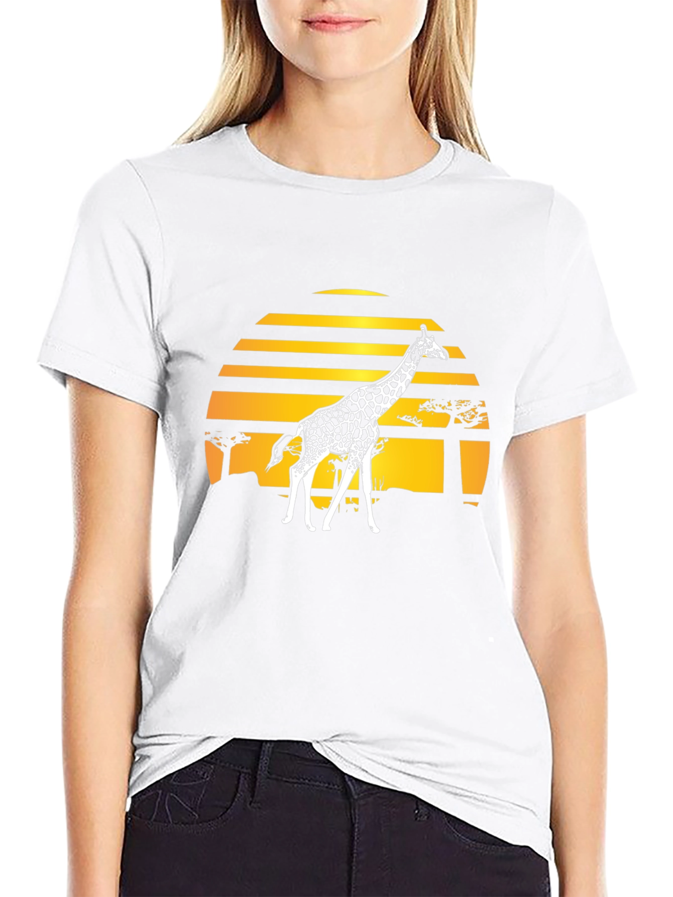 Giraffe Sunset Graphic Tee - Stylish Black T-Shirt
