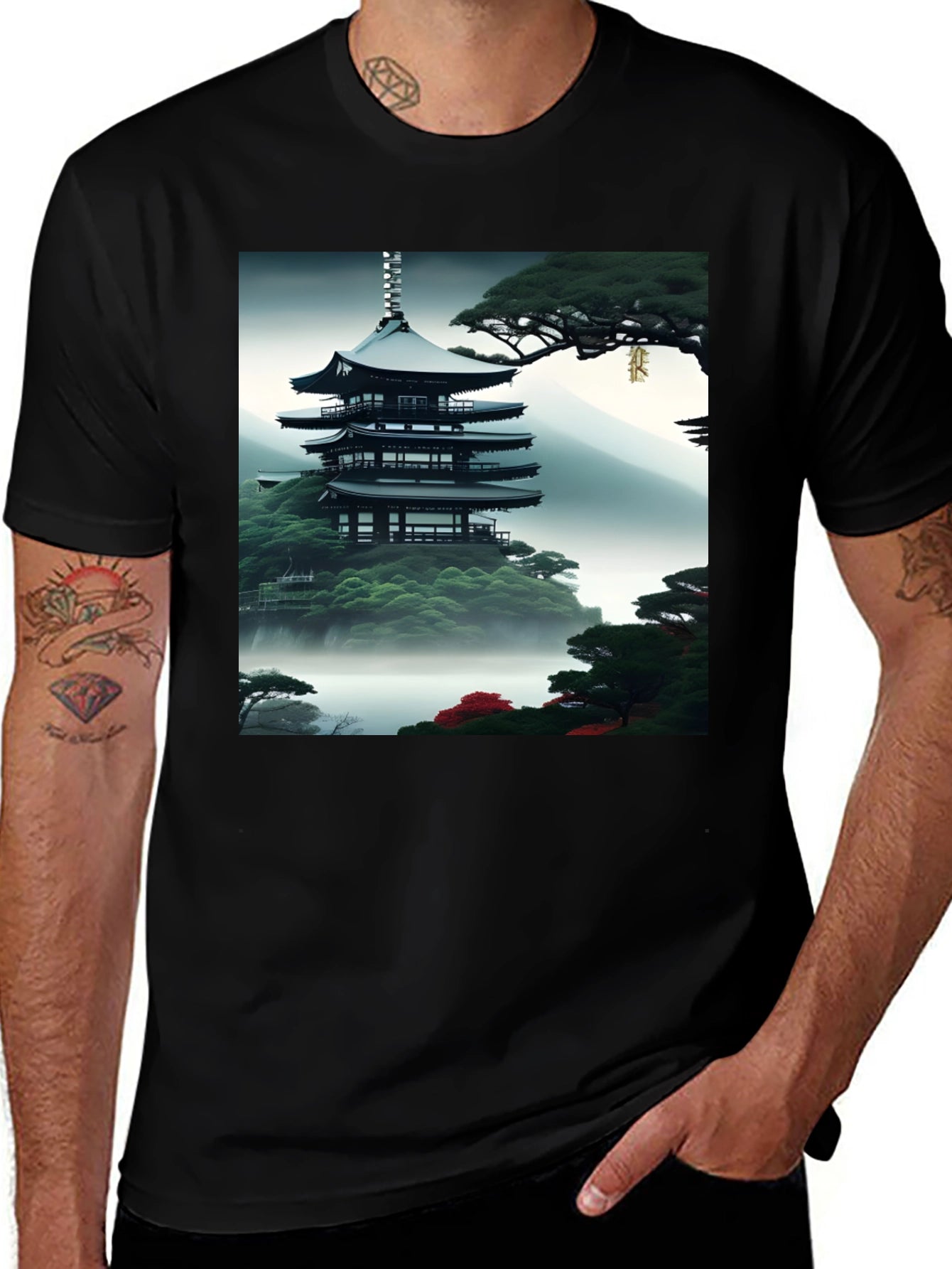 Zen Garden Pagoda Black T-Shirt