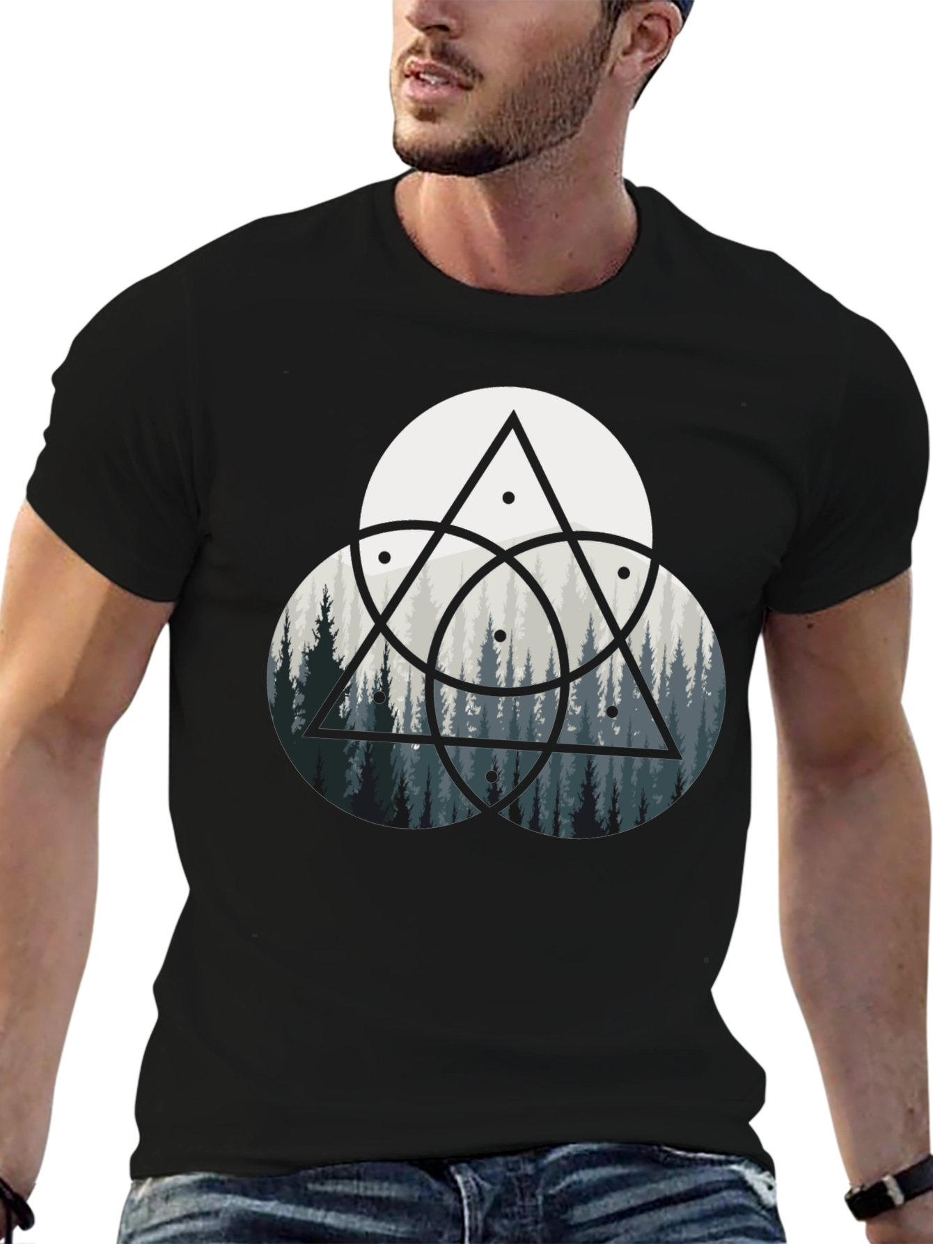 Geometric Forest Print Black T-Shirt