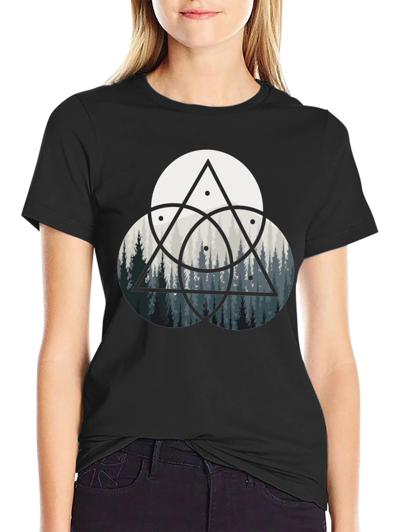Geometric Forest Print Black T-Shirt