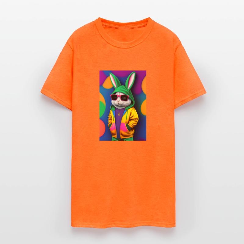 a stuffed rabbit wearing a colorful hoodie