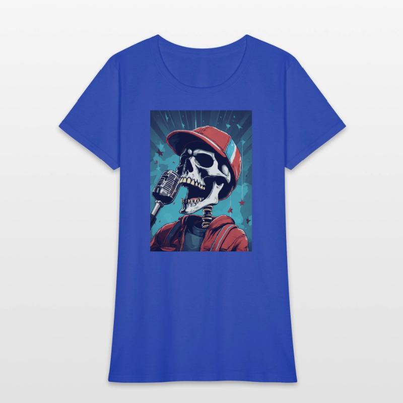 An skull wearing sport cap singing in a concert wi