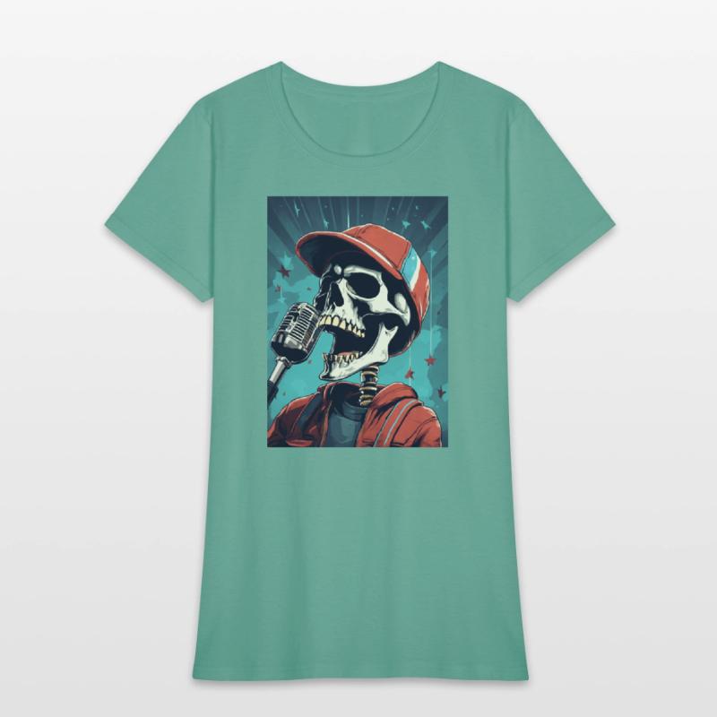 An skull wearing sport cap singing in a concert wi