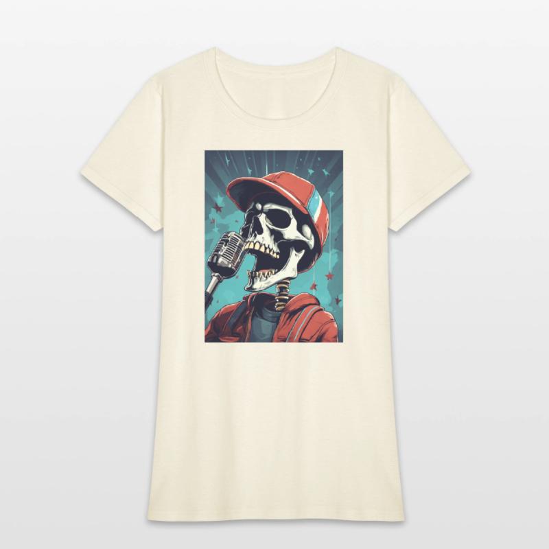 An skull wearing sport cap singing in a concert wi