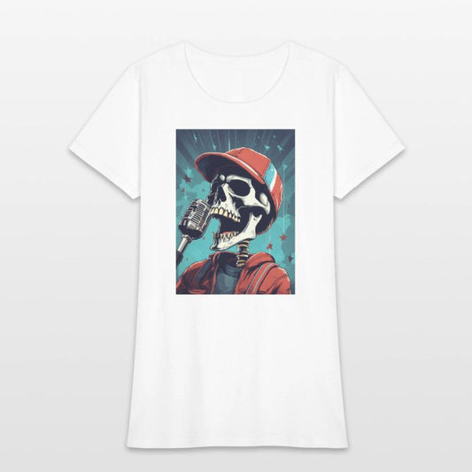 An skull wearing sport cap singing in a concert wi