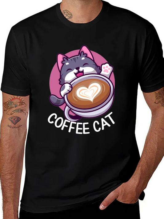 Coffee Cat Graphic Tee - Black Cotton T-Shirt