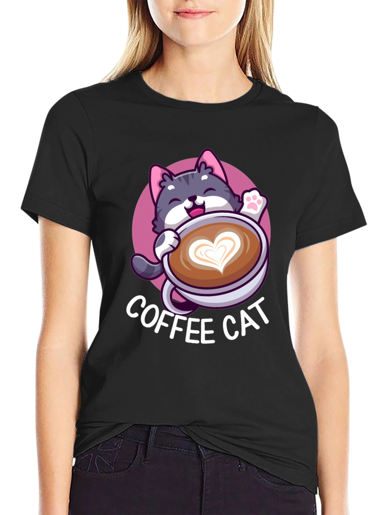 Coffee Cat Graphic Tee - Black Cotton T-Shirt