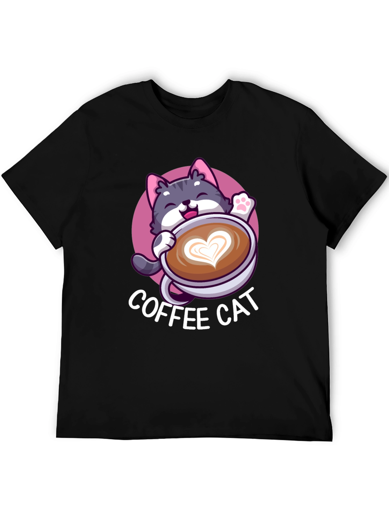 Coffee Cat Graphic Tee - Black Cotton T-Shirt