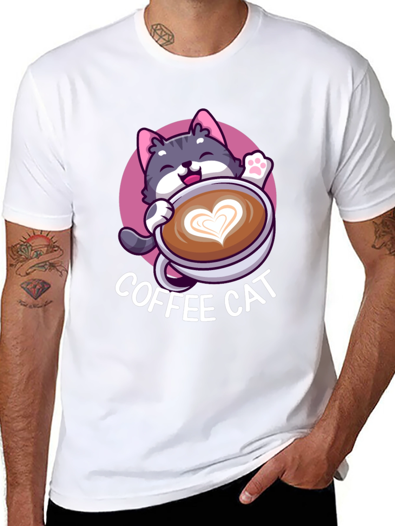 Coffee Cat Graphic Tee - Black Cotton T-Shirt