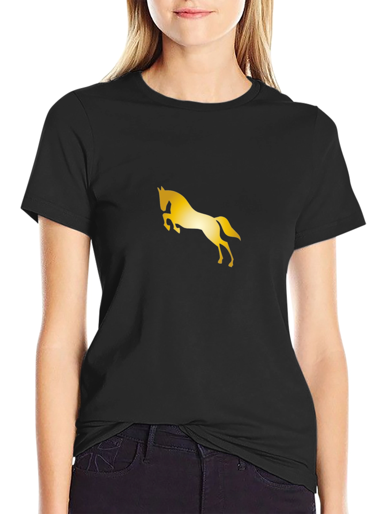 Stylish Black Tee with Golden Horse Design