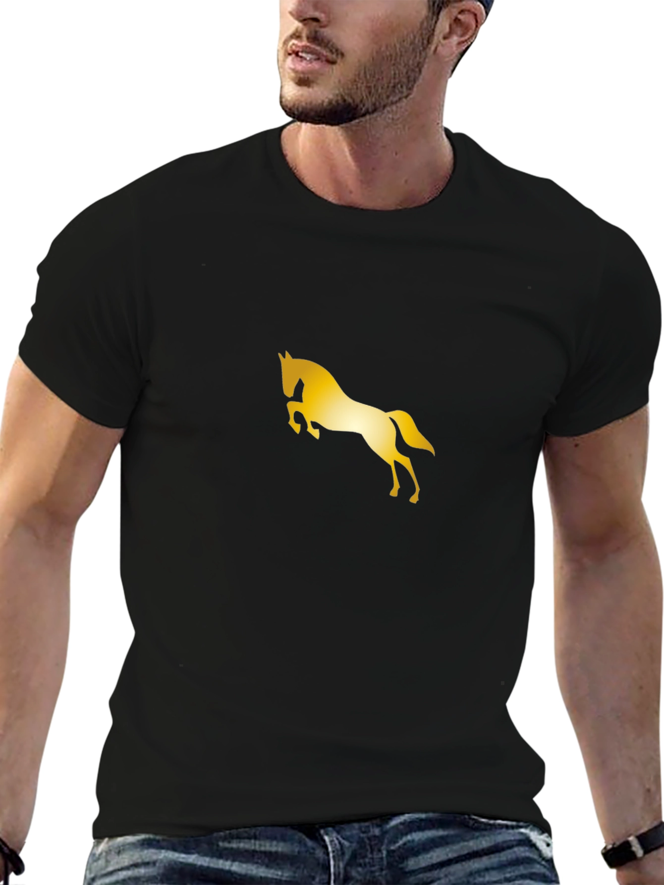 Stylish Black Tee with Golden Horse Design