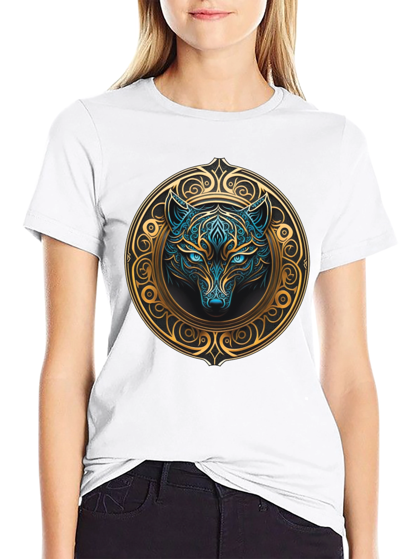 Wolf Graphic Tee - Mystical Blue & Gold Design