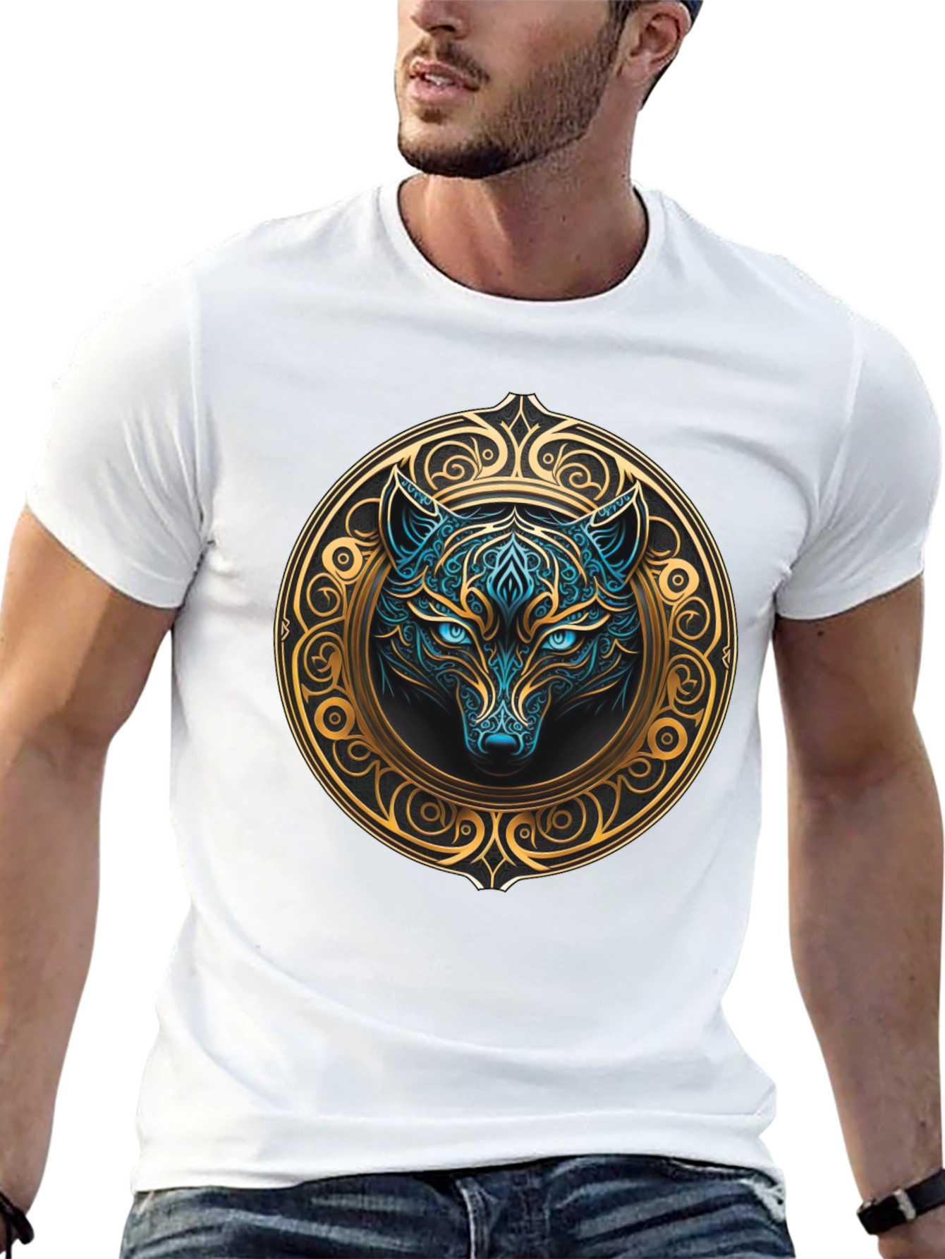 Wolf Graphic Tee - Mystical Blue & Gold Design