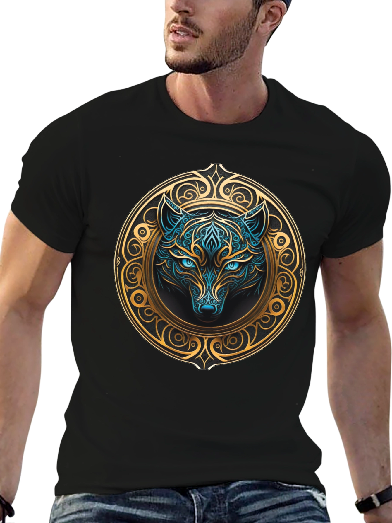 Wolf Graphic Tee - Mystical Blue & Gold Design