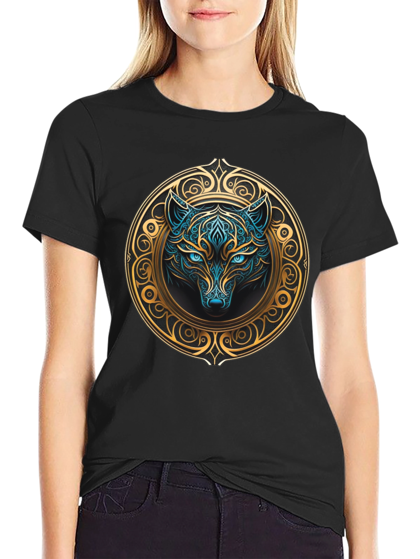 Wolf Graphic Tee - Mystical Blue & Gold Design